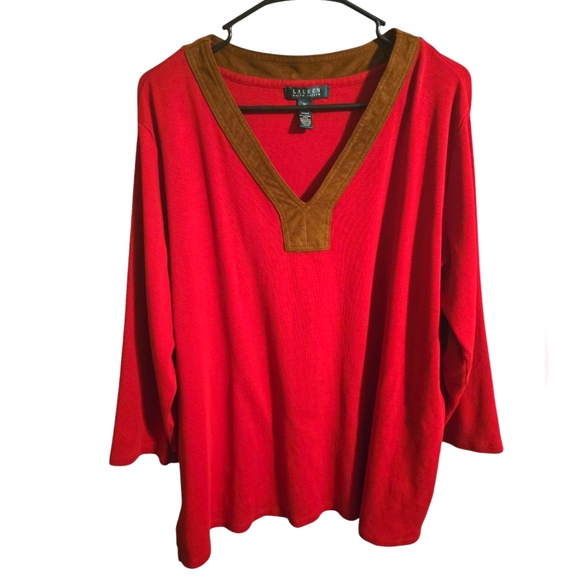 Women's Lauren Ralph Lauren Red Blouse, v-neck, side slits, faux suede trim, 3X - Picture 1 of 8